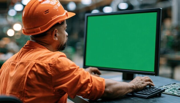 Male worker in orange hard hat and shirt using computer with green screen in industrial setting