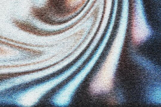 Dynamic abstract digital texture with parallel wavy lines in blue, brown, and white with grainy interference