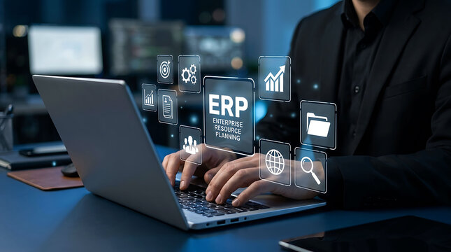 Businessman working with ERP enterprise resource planning software on laptop