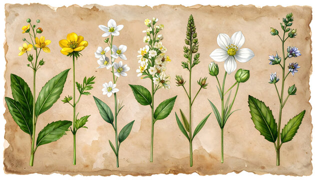 Wildflowers like amaranth sorrel and buttercup drawn with chalk on kraft paper for studies generative AI