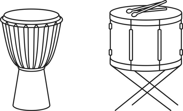 African djembe bongo drum and ceremonial snare drum on cross stand line art illustration for percussion music festival