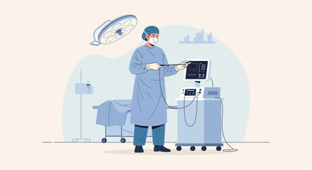 Fototapeta premium Surgeon Operating Medical Equipment with Robotic Arm on Transparent Background