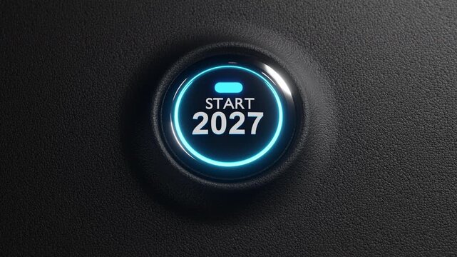 Finger about to press a car ignition button with the text 2027 start.happy new year 2027 start new project.concept of start with strategy,win,plan,goal and objective target