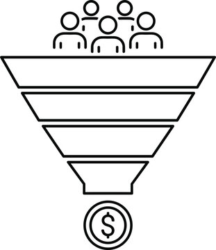 Multi layer customer acquisition funnel line icon showing user pool filtering down to financial transactions return