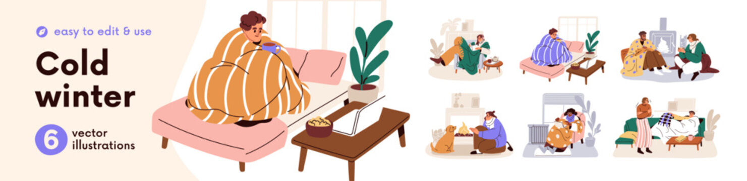 Cold winter at home, persons in warm blankets at house. Frozen persons in cold homes in winter. Woman and man characters at cozy fireplace, with tea, in plaid in chill room. Flat vector illustrations