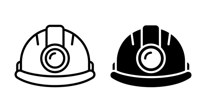 Black and white construction safety helmet icon set with headlamp, mining and industrial work hat symbols on transparent background. Concept of labours safety.
