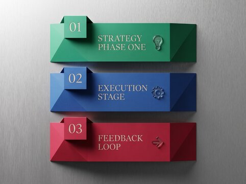 Business Infographic Template with Three Steps for Strategy, Execution, and Feedback Process on Textured Background