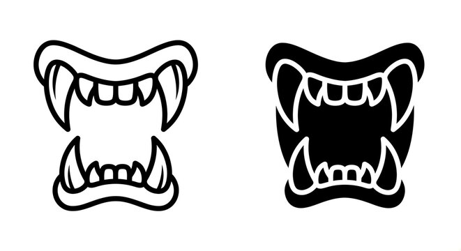 Black and white stylized illustrations of fierce animal jaws with sharp teeth and prominent fangs on transparent background. Concept of animal jaws with sharp teeth.
