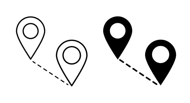 Set of location pin icons with dotted path showing distance or route on white background on transparent background. Set of location pin concept.
