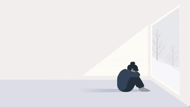Lonely isolated women indoors during winter snow seasonal depression concept 