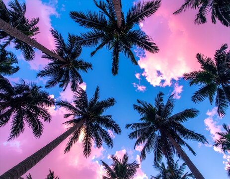 Abstrakte Palmen vor einem sanften rosa-blauen Hintergrund