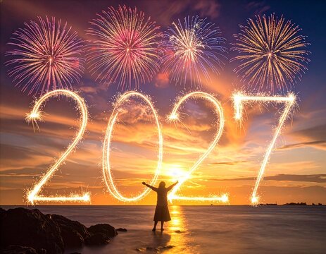 Spektakul&auml;res Feuerwerk am Nachthimmel zum Jahreswechsel 2027 f&uuml;r festliche Neujahrs- und Silvestergr&uuml;&szlig;e