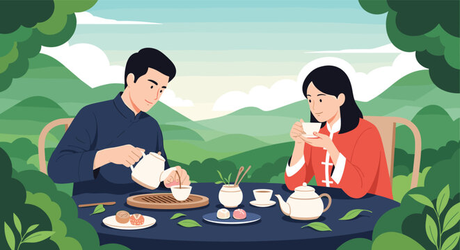 Man and woman in traditional Chinese attire enjoy tea ceremony together at table set against lush green mountain landscape during peaceful day.