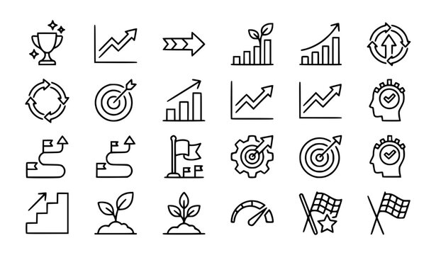 Modern thin line progress icons vector set for success growth increase evolution achievement and mobile app infographic design