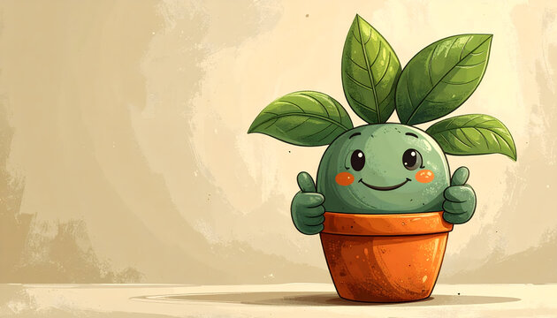 Potted houseplant mascot waving with cheerful face creating vintage retro botanical mood generative AI