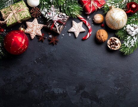 Liebevoll arrangierte Weihnachtsdekoration mit Geschenken, bunte Weihnachtskugeln, frischen Pl&auml;tzchen und Tannenzweigen