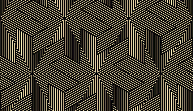 Abstract geometric pattern with stripes, lines. Seamless vector background. Golden and black ornament. Simple lattice graphic design