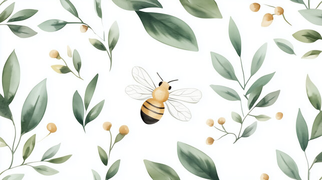 Ai bee and flowers pattern, vector, flower, tree, floral, design, leaves, seamless