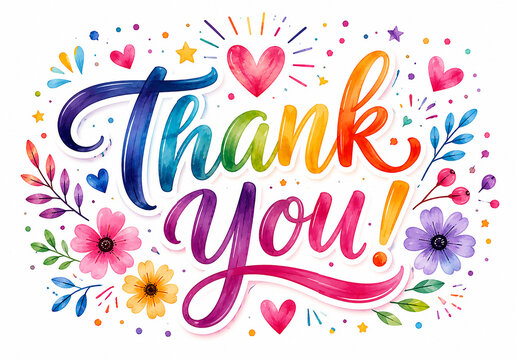 Colorful Thank You Greeting Illustration with Hand Lettering, Hearts and Floral Elements