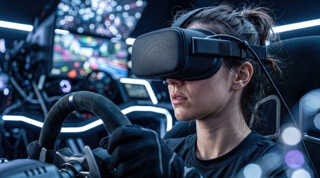 Focused female driver using a virtual reality headset in a high-tech racing simulator cockpit