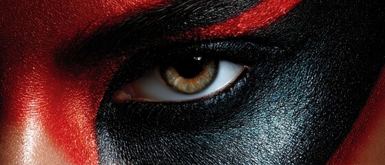 Naklejka premium Warrior's Gaze: A close-up shot of a warrior's intense eye, adorned with striking red and black war paint, conveying a powerful sense of determination and ancient battle.
