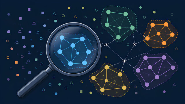 Magnifying glass reveals intricate network clusters and data points, illustrating data analysis and pattern recognition in a digital abstract background.
