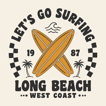 Retro Long Beach surfing poster with crossed surfboards, palm trees, West Coast typography and 1987 vintage design