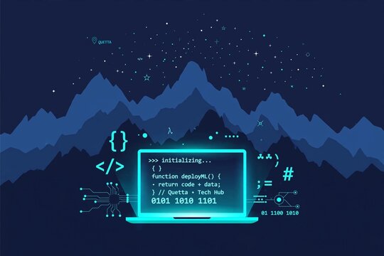 Futuristic coding illustration with laptop and mountains at night, Quetta tech hub concept with programming symbols and starry sky