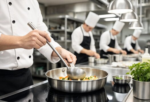 Professional chef stirring food in a stainless steel pan on an induction cooktop, surrounded by culinary staff working inside a modern restaurant kitchen.