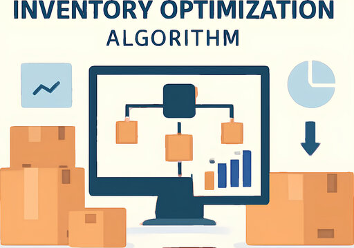 Visual representation of an inventory optimization algorithm displayed on a computer screen, surrounded by cardboard boxes and data charts.