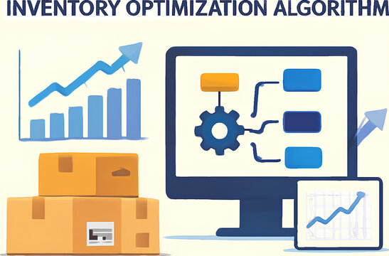 Digital inventory optimization algorithm with data analysis, supply chain management, and business growth charts on screens.