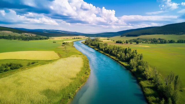 Aerial view of a winding river through lush green fields and rolling hills on a sunny day. Generated AI