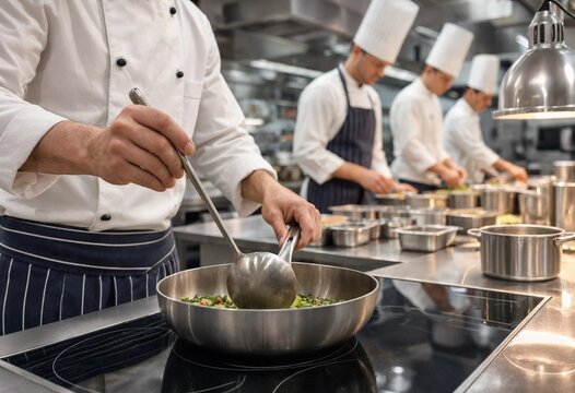 Professional chef stirring food in a stainless steel pan on an induction cooktop, surrounded by culinary staff working inside a modern restaurant kitchen.