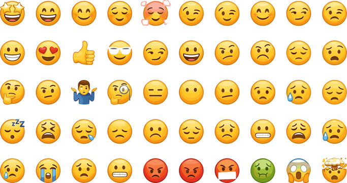 Cute cartoon emoji and facial expression avatar icon set vector illustration featuring yellow emoticons showing diverse moods from happy to angry
