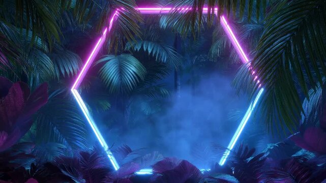 Neon hexagon shape glowing in a tropical jungle at night in 80s synthwave style.