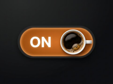 On switch button with a coffee cup icon and dark roasted coffee on black surface
