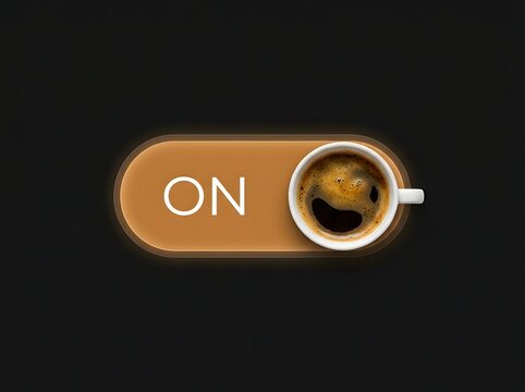 On switch button shaped like a coffee cup filled with fresh espresso on dark background