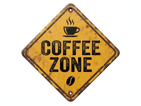 Vintage yellow metal coffee zone warning sign with rust texture cafe decor retro sign coffee bean