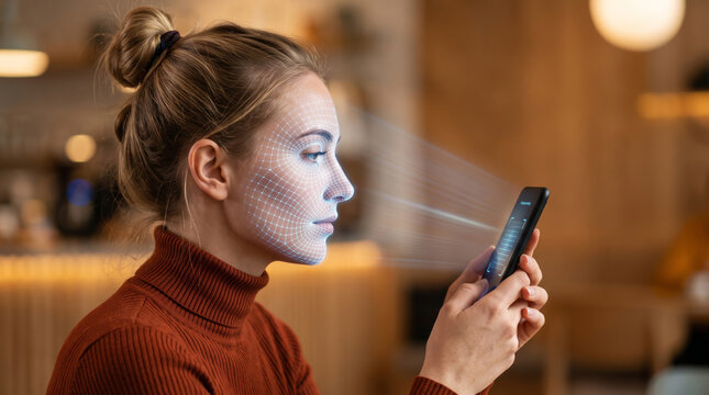 Biometric face scanner identity smartphone woman profile technology Face biometric scanner. Futuristic digital facial recognition system. identification verification id access, security protection