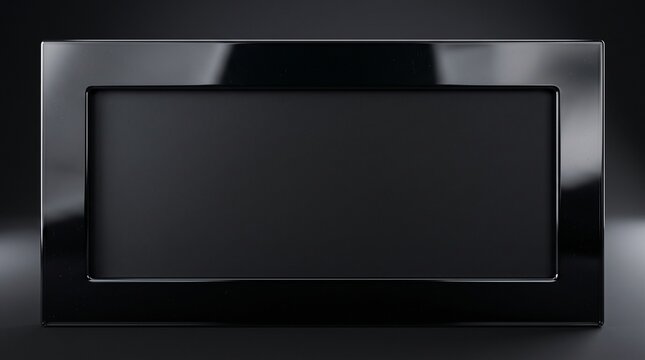 A sleek, modern black digital photo frame displays a dark screen with subtle reflections, ready for a digital image.