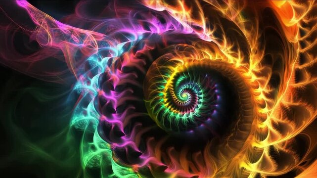 Vibrant abstract spiral design with colorful light trails creating a mesmerizing visual effect. showcasing dynamic movement and intricate patterns in a dark background
