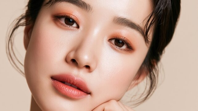 Close-up portrait of a young asian woman with radiant skin and warm-toned makeup