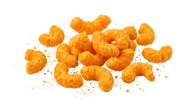A pile of savory cheese puffs arranged in a casual heap and isolated on a transparent background for culinary and snack packaging design.