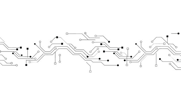 Abstract high tech computer motherboard circuit trace pattern in a clean black and white minimalist design style.