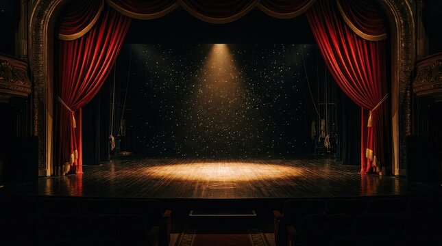 Empty theater stage with red velvet curtains and warm spotlight illumination for a dramatic performance show set in a dark room