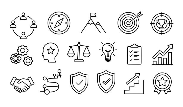 Business Management Monoline Icon Collection for Vision Mission Goals Principles and Leadership