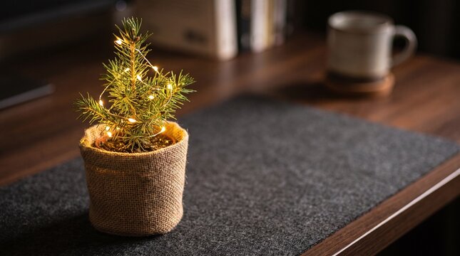 Micro Fairy Lights on Mini Pine in Jute Pot
