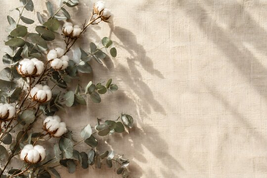 Dried eucalyptus and cotton bolls flat lay on beige linen