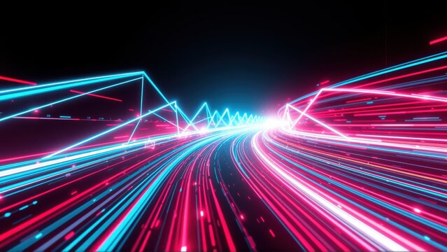 Bright neon streaks converge toward distant point. Futuristic tunnel creates dynamic visual effect. Vivid colors dominate dark background.