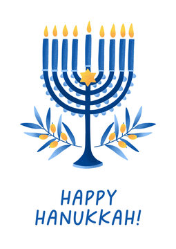 Happy Hanukkah greeting card design. Festive Jewish menorah candles, Star of David, olive branches, Hebrew symbols, traditional holiday candelabra, religious Hanuka postcard. Flat vector illustration